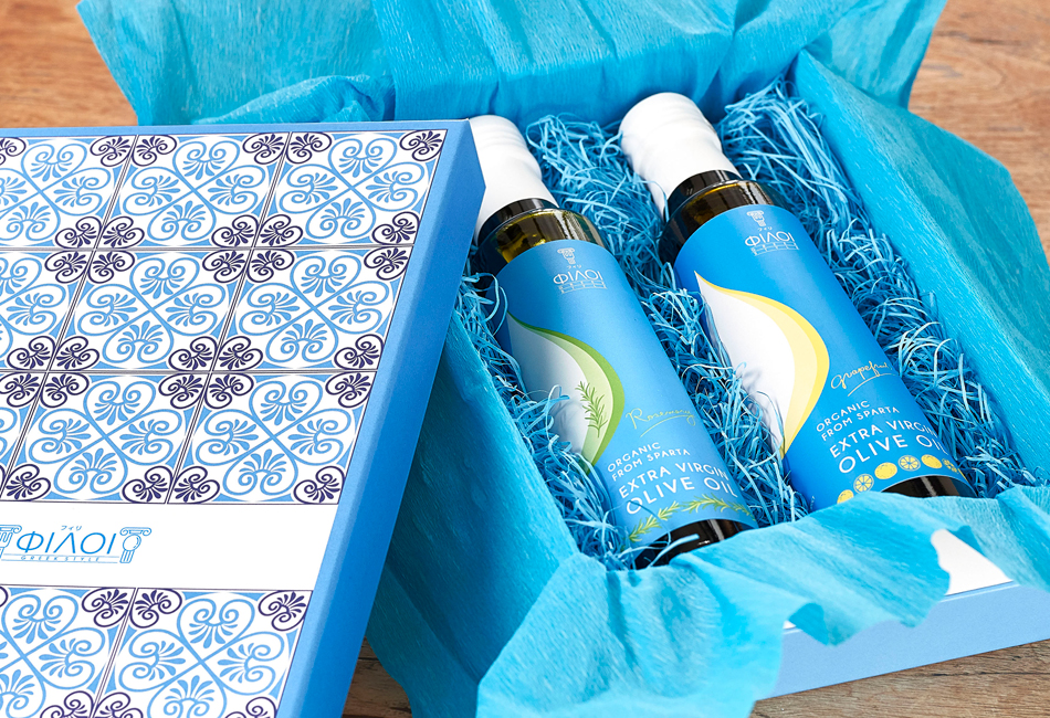 ギフトセット 【フレーバーオイル】（グレープフルーツのオリーブオイル＆ローズマリーのオリーブオイル）　ギリシャ家庭料理フィリ　パッケージ